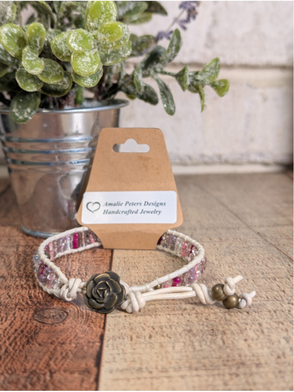NEW Artisan Boho Single Wrap Double Layer Beaded White Leather Button Bracelet